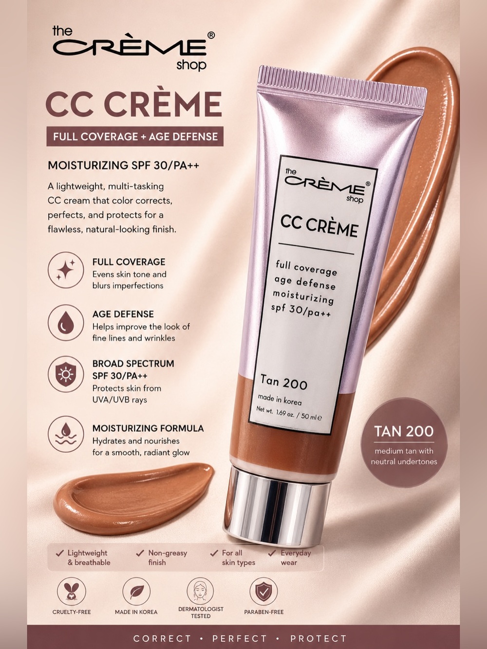 The Crème Shop CC Crème Tan 200 - Moisturizing Full Coverage SPF 30